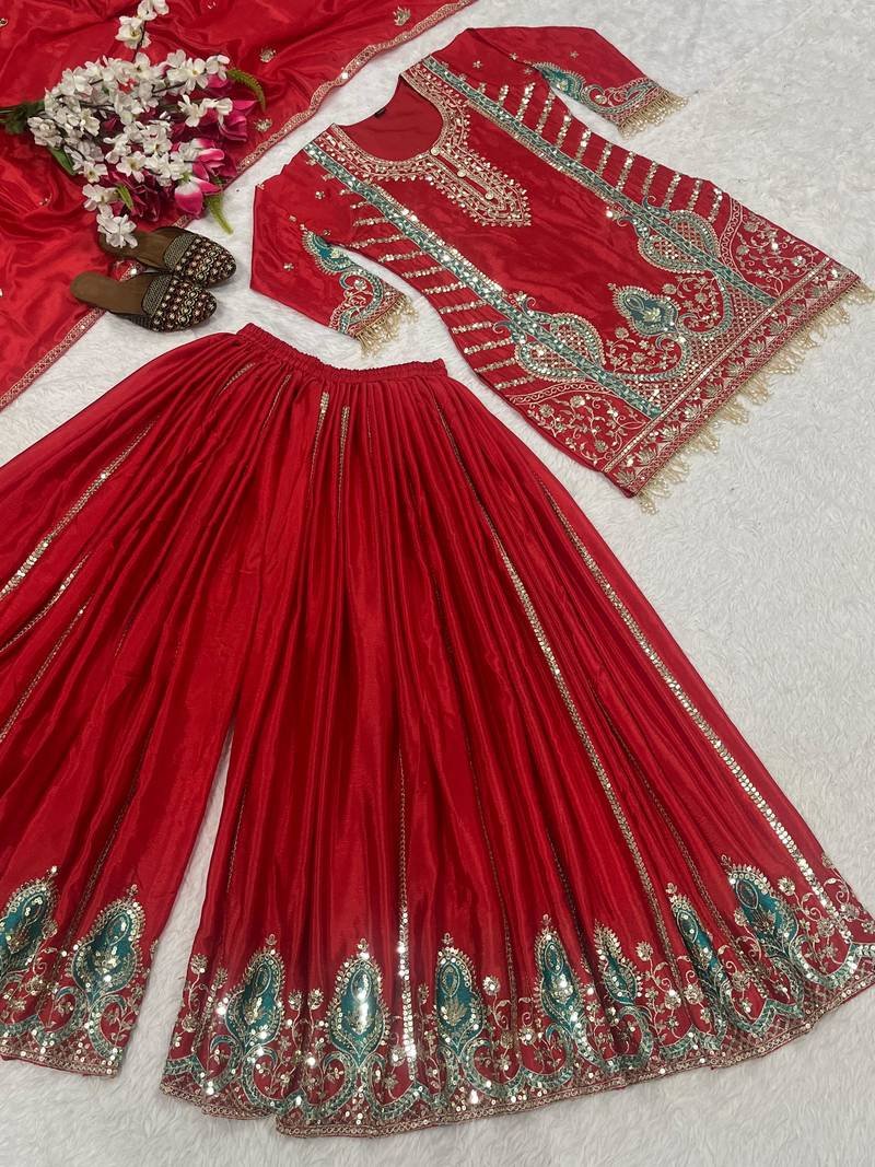 Cherry Red full sequence work sharara kurti set