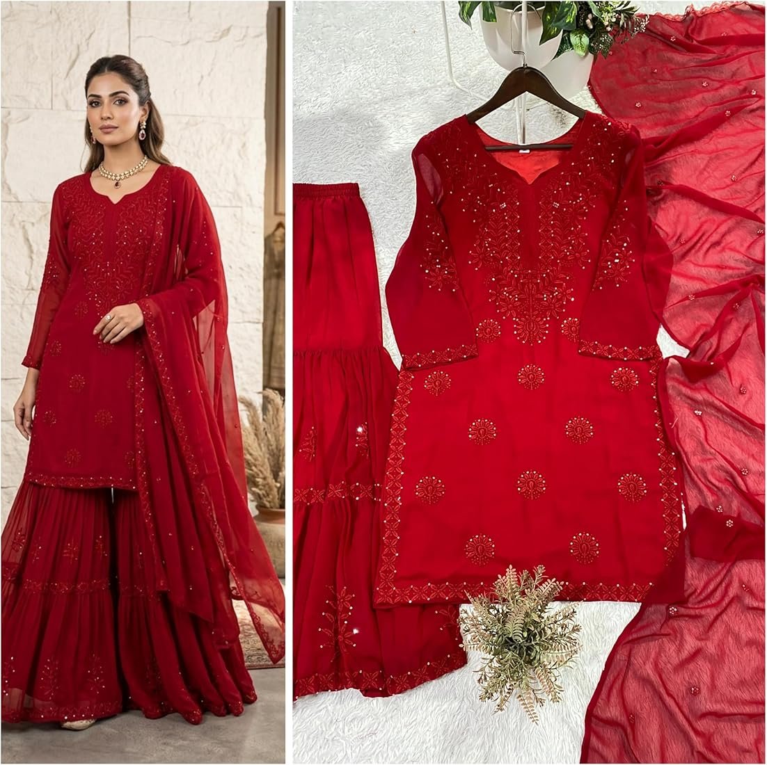 Georgette Embroidery work kurti, sharara and Dupatta